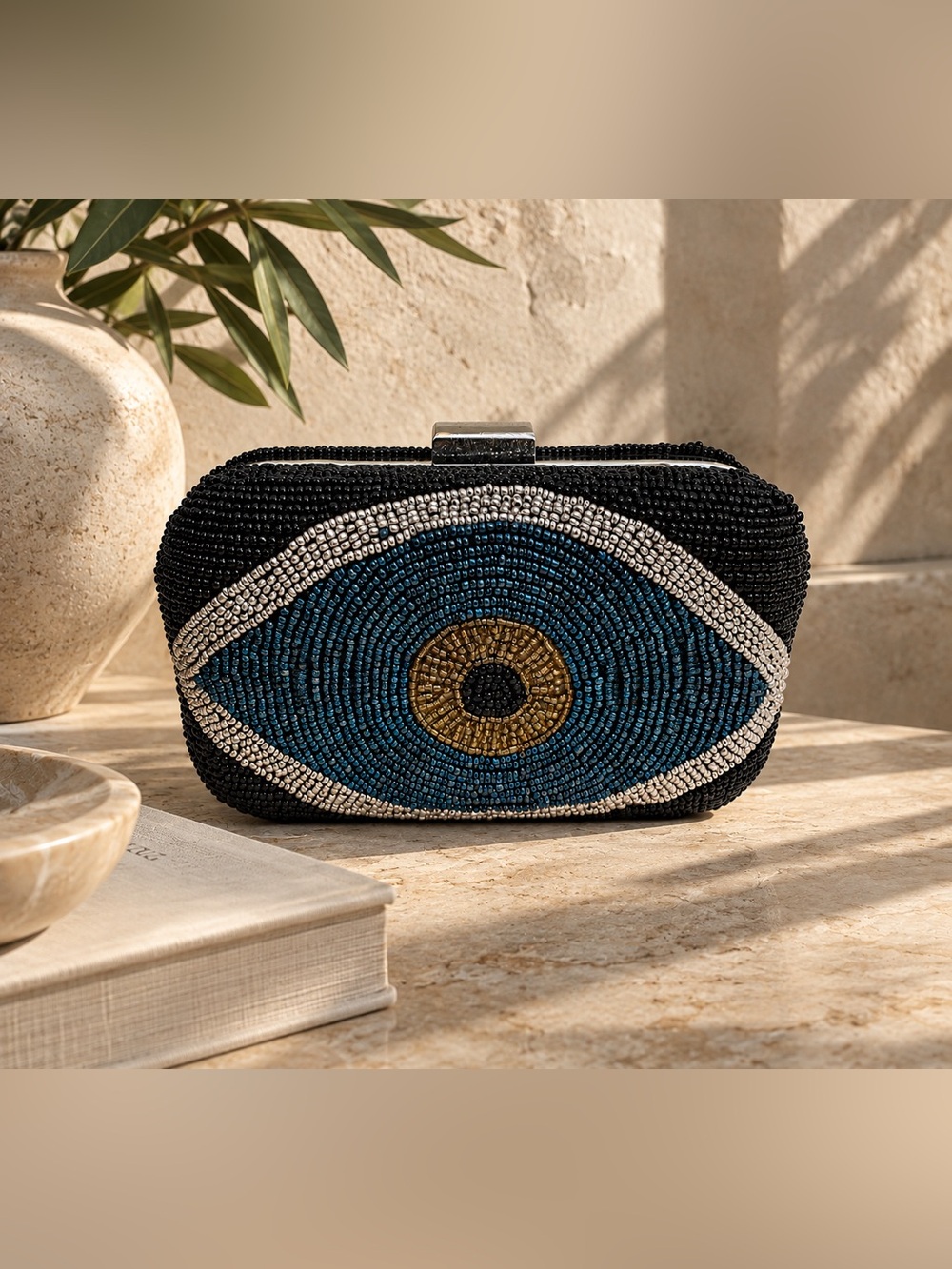 From St Xavier Erica Evil Eye Beaded Box Clutch Crossbody Black Blue